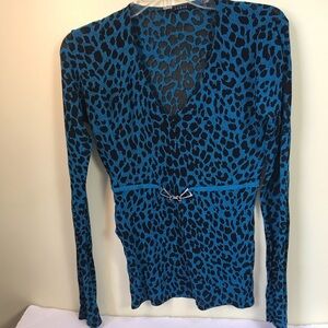 Cyrus Leopard Sheer V-Neck Sweater Top Pullover Belt Buckle Stretch Animal Print